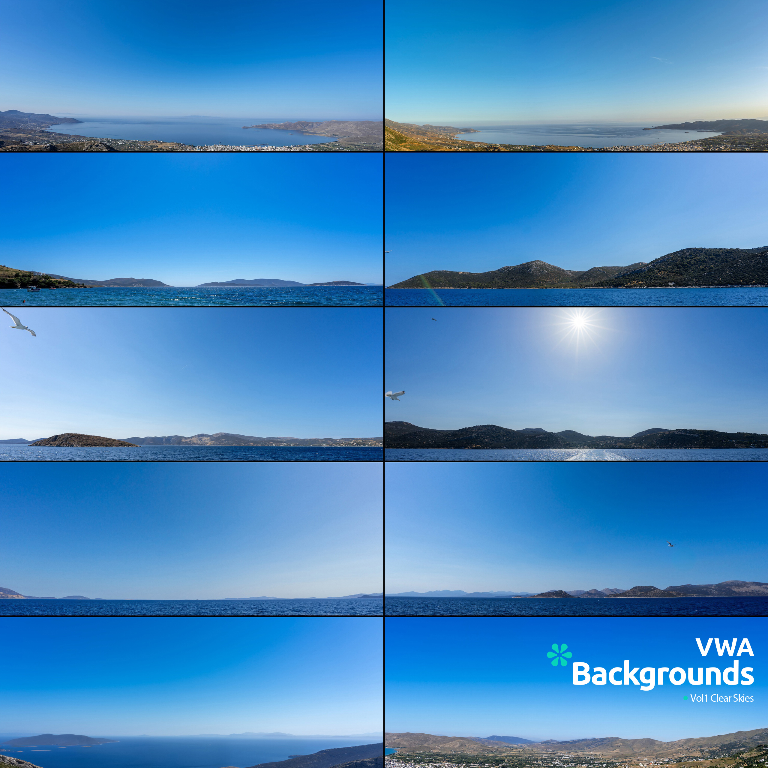 Collection of 24 clear blue cloudless skies in various shades.
