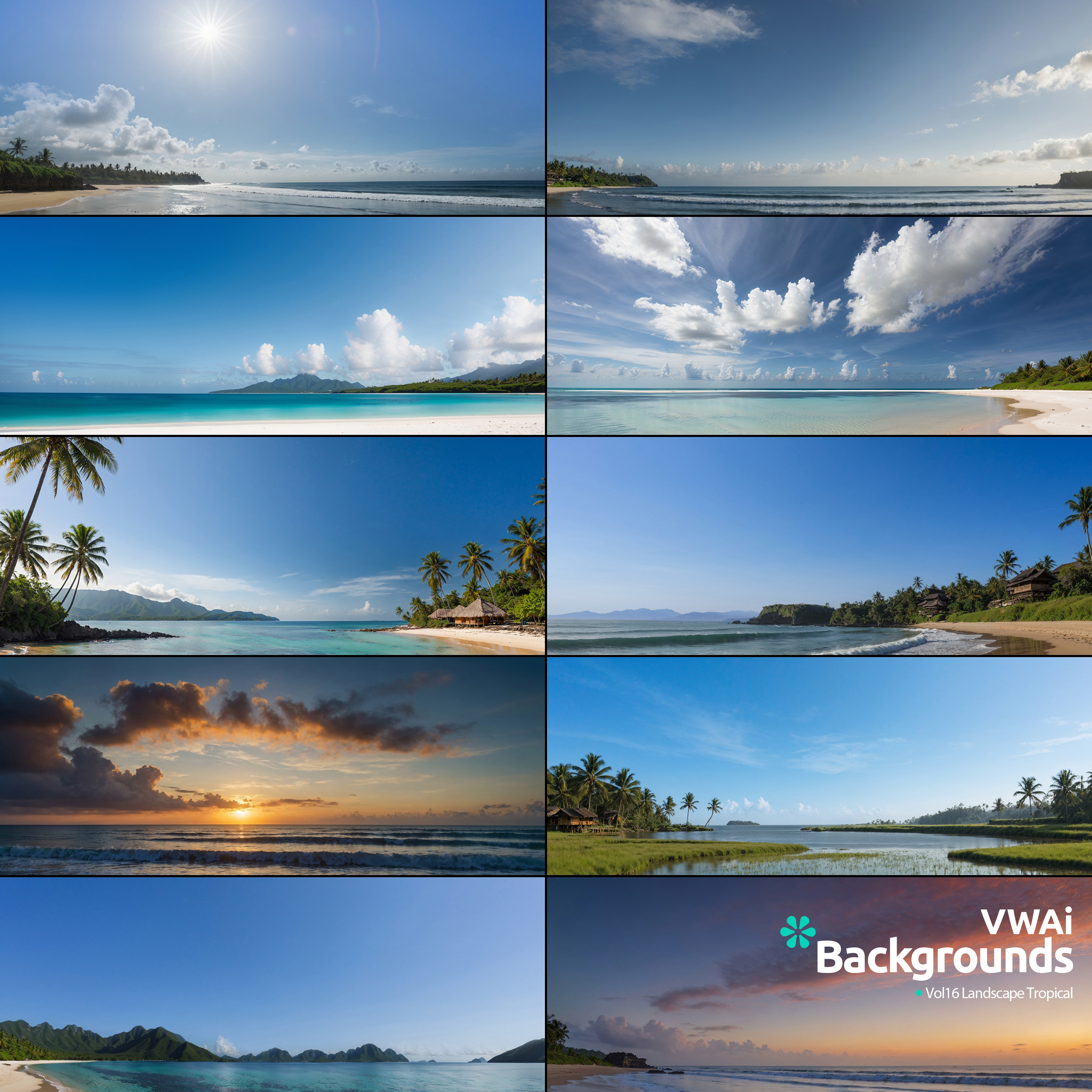 Tropical landscape backgrounds from VWAI Backgrounds Volume 16, featuring beach scenes, palm trees, and vibrant sunsets.