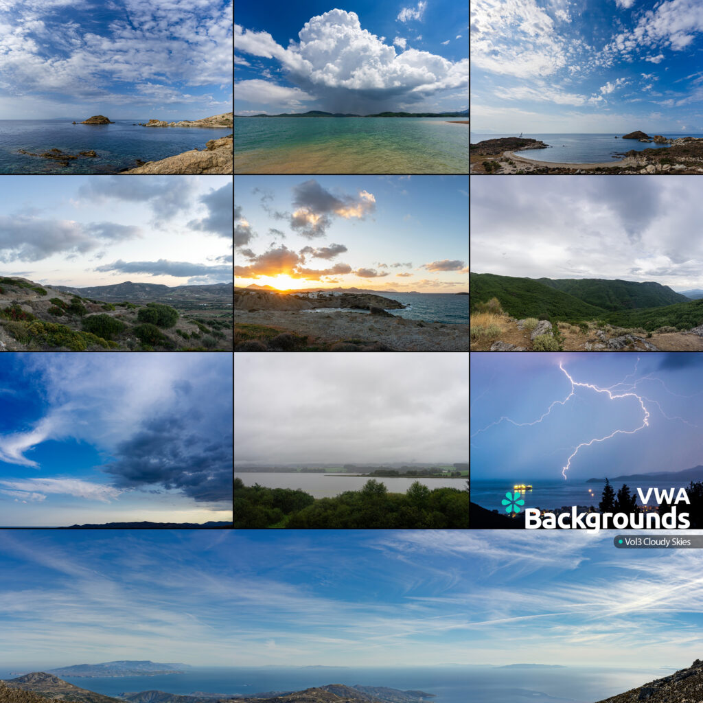 VWA Backgrounds Vol3 Cloudy Skies consists of various cloud formations in the sky, featuring diverse types such as Cumulus, Stratocumulus, and Altostratus, against different backgrounds from sunrise to midday.