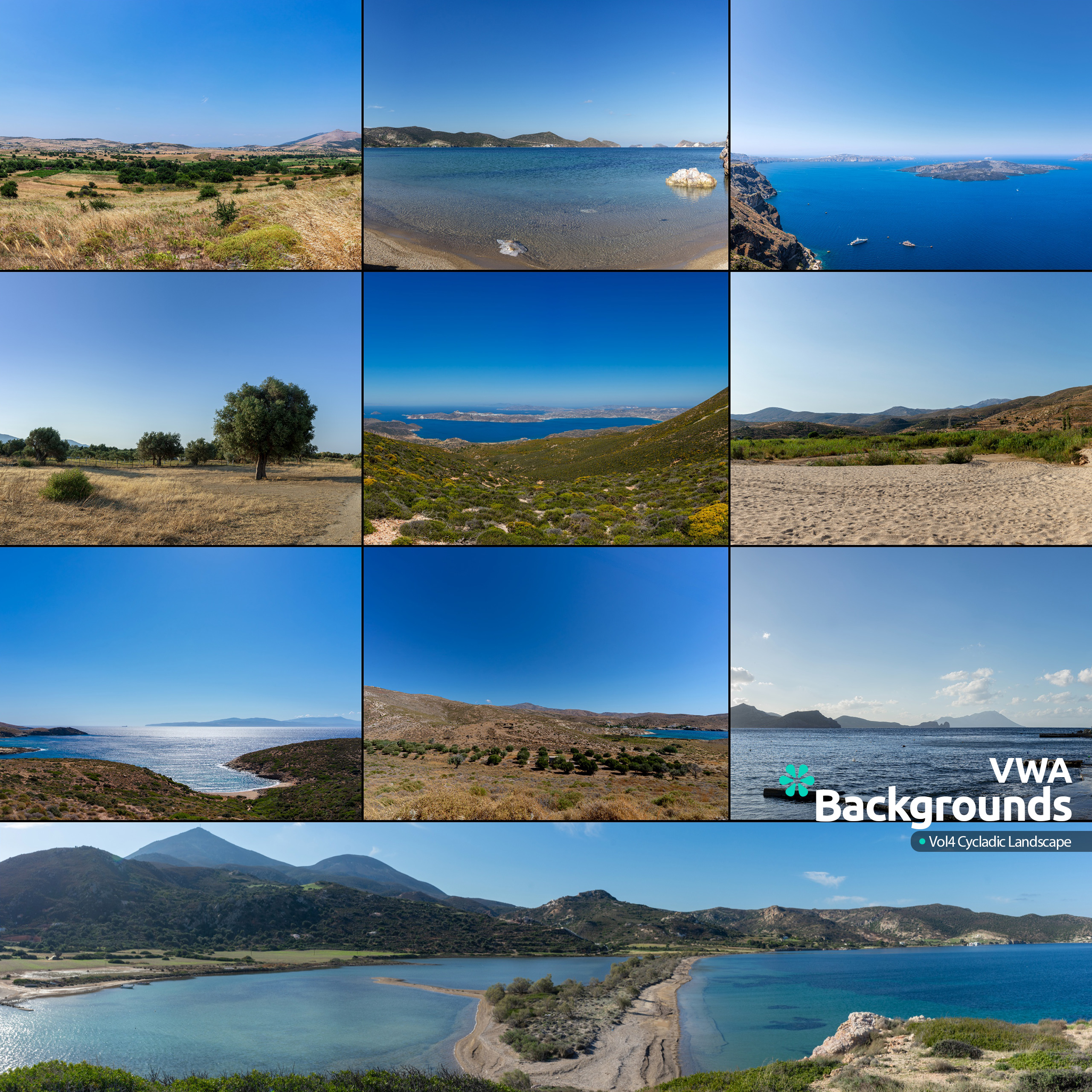 A collection of high-resolution Cycladic landscape backgrounds featuring clear blue skies and occasional cloud formations.