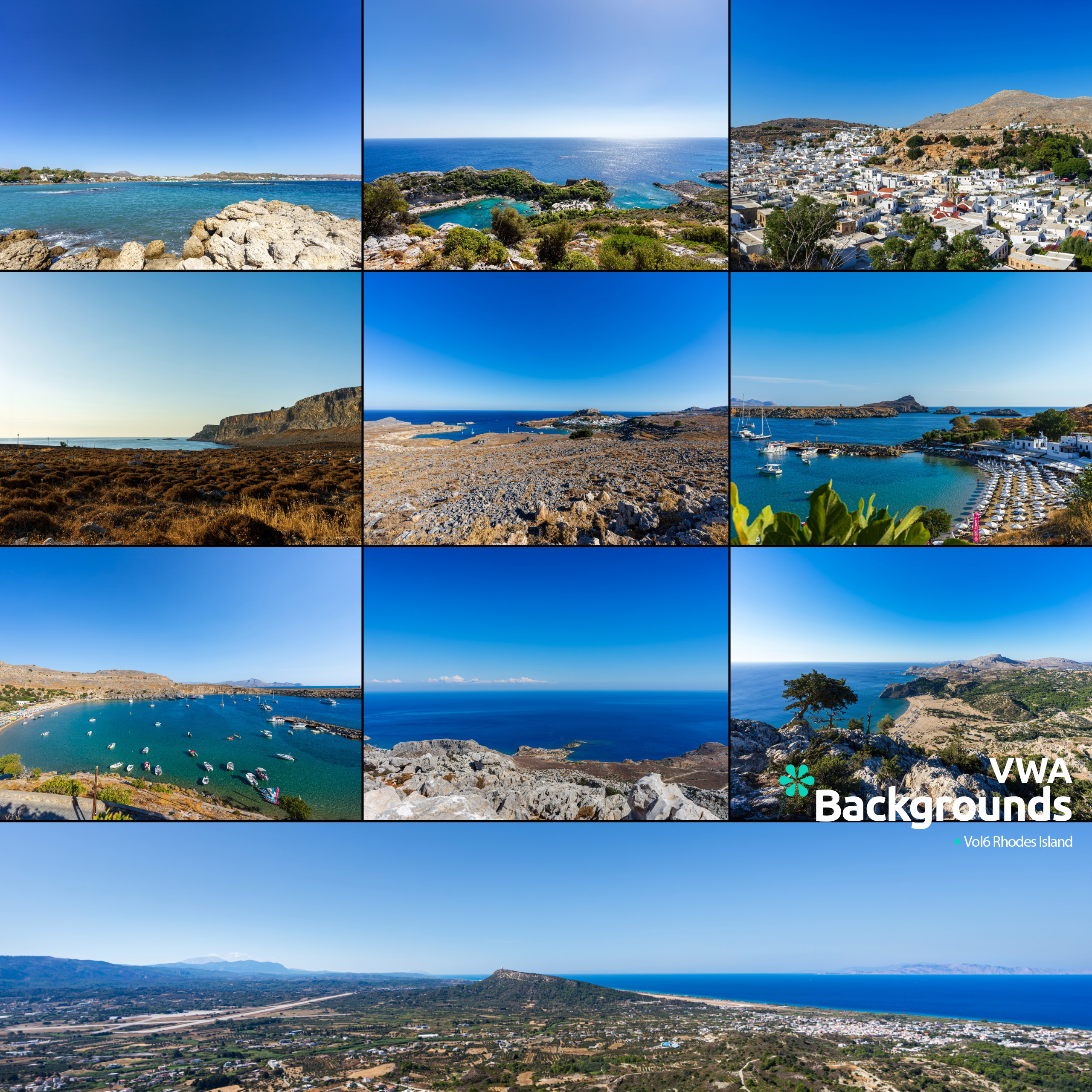 Stunning high-resolution backgrounds from Rhodes Island, featuring coastal views, rocky landscapes, and picturesque places under clear blue skies.