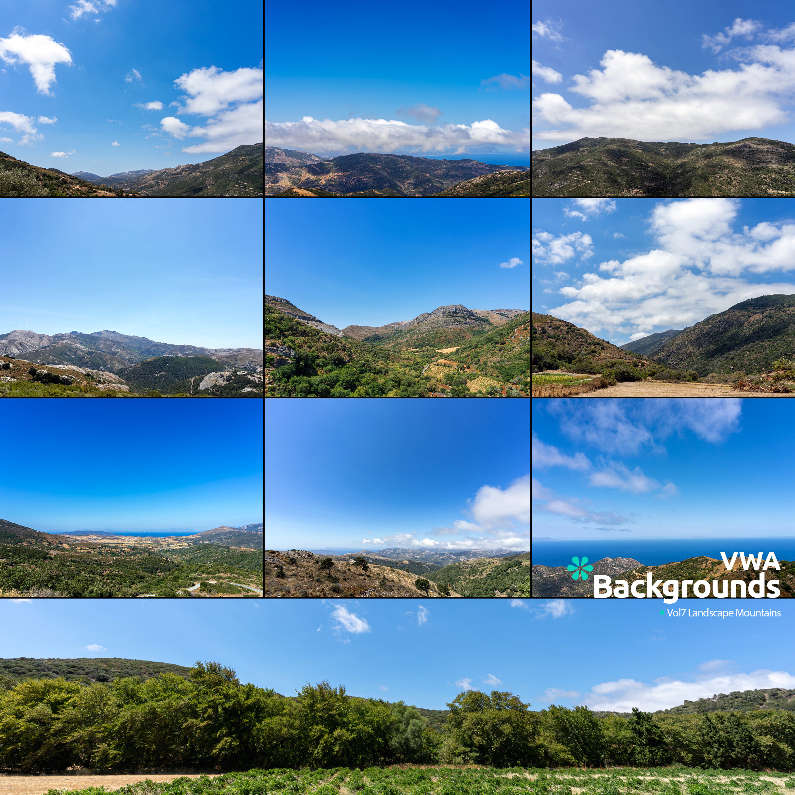 A collection of real landscape mountain photographs under clear blue skies, showcasing diverse scenic views from different altitudes and angles.